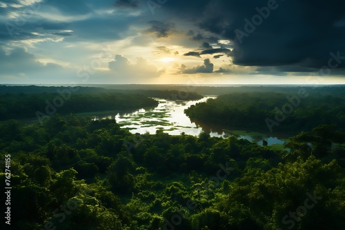 Aerial view of beautiful sunset above the river and forest in summer