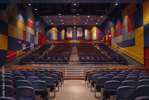 A school auditorium with an abstract design, rows of seats facing a stage, symbolizing performance arts and public speaking