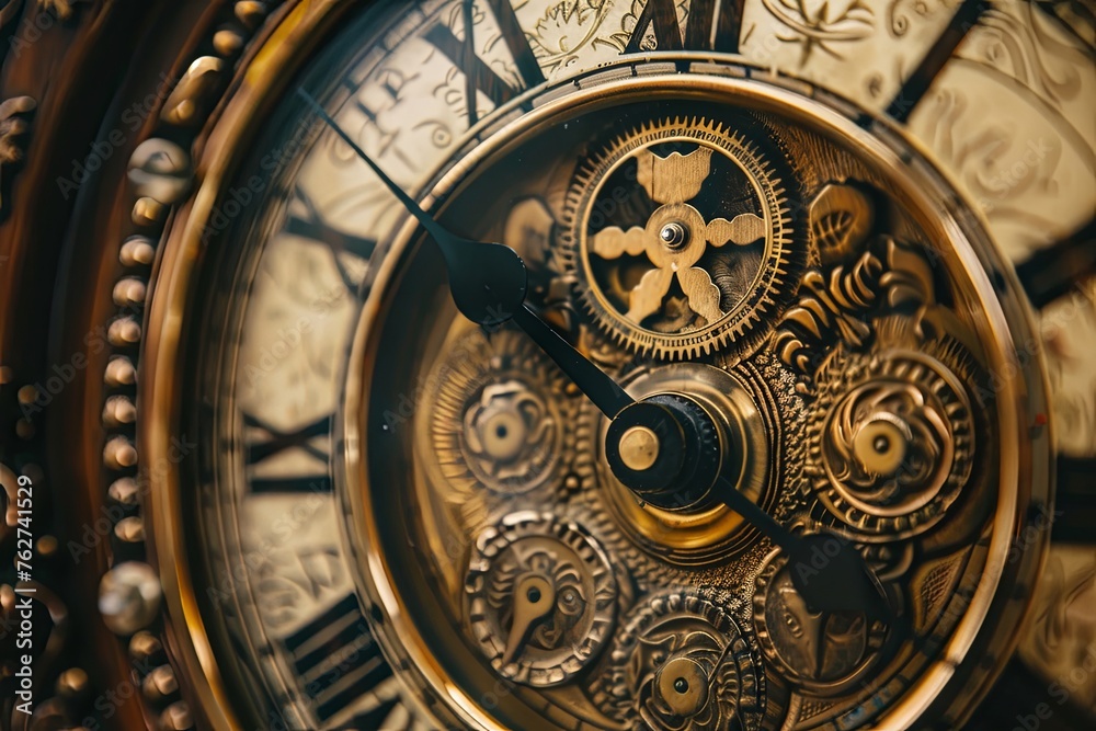 Detailed close-up view of a clock face with visible gears and hands moving rapidly, symbolizing time measurement and mechanical precision. Generative AI