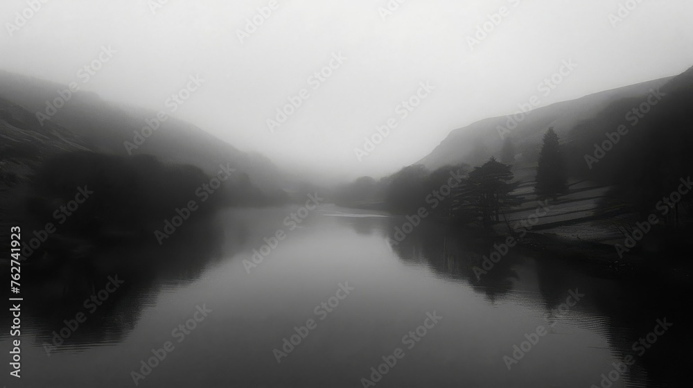 Fototapeta premium a black and white photo of a body of water with a boat in the water and mountains in the background.