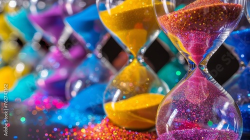 A series of hourglasses with sand in vibrant colors, flowing upwards instead of down