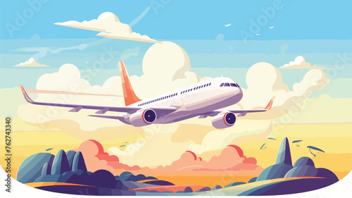 Banner with airplane and clouds. Travel illustratio