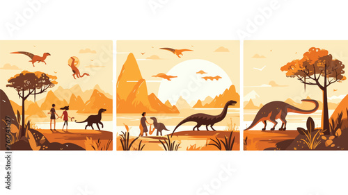 Banners depicting life of prehistoric family flat v