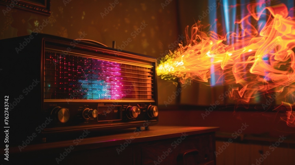 A vintage radio emitting colorful musical notes into a dimly lit room
