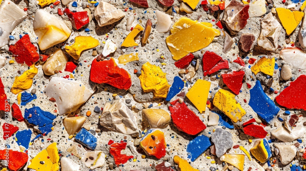 a close up of a bunch of broken pieces of glass and other things on a surface that looks like it has been stained red, yellow, blue, red, orange, yellow, and white, and blue.