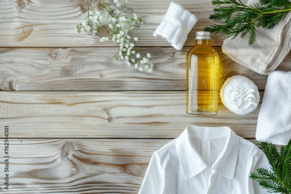 Samples of homemade and ecological clothes cleaning products on wooden table with shirt and towel. Top elevated view. Horizontal composition. Samples of homemade and ecological clothes cleaning products on wooden table with shirt and towel. Top elevated view. Horizontal composition.