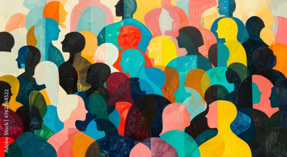 abstract painting of a crowd using simple shapes and colorful colors, with no faces Generative AI
