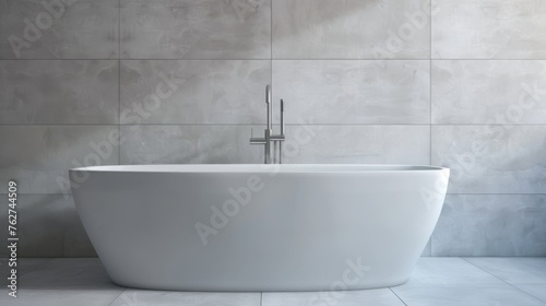 Sleek Minimalist Bathroom Setting with White Bathtub and Freestanding Faucet