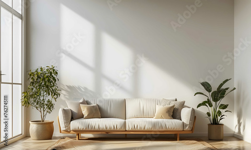 Modern Minimal clean clear contemporary living room home interior design daylight background,beige white sofa couch in living room daylight from window freshness moment mock up interior,generative ai