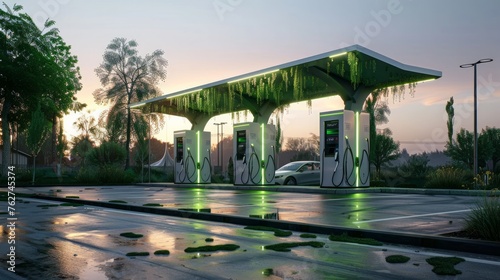 Electric vehicle charging station with green energy © Chingiz