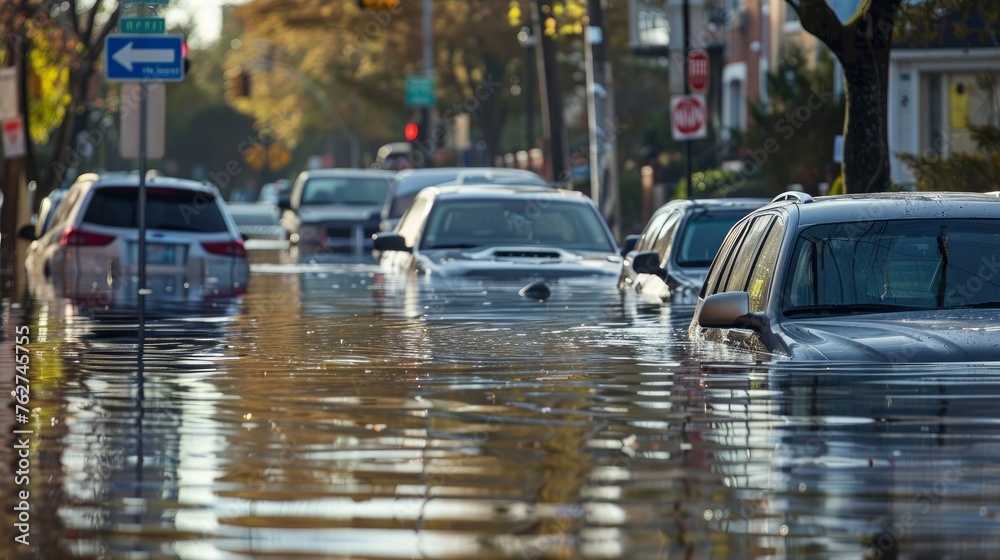 Flooded urban area with submerged cars and street signs