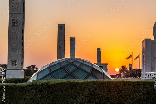 Sunset at the grounds of Sheikh Zayed Grand Mosque in Abu Dhabi, United Arab Emirates.