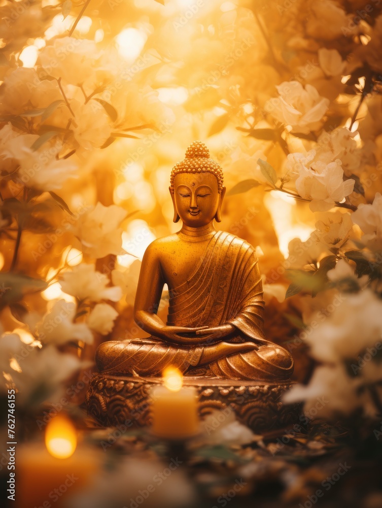 Makha Asanaha Visakha Bucha Day Golden Buddha image. Background of Bodhi leaves with shining light. Soft image and smooth focus style and copy space - generative ai Makha Asanaha Visakha Bucha Day Golden Buddha image. Background of Bodhi leaves with shining light. Soft image and smooth focus style and copy space - generative ai