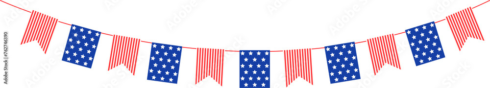 4th of July flag bunting decoration. Independence day garland hanging - obrazy, fototapety, plakaty 