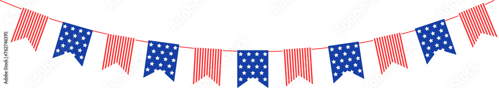 4th of July flag bunting decoration. Independence day garland hanging - obrazy, fototapety, plakaty 
