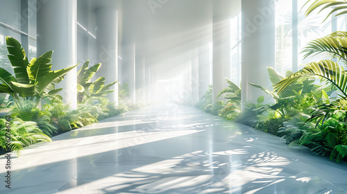 Bright Interior Pathway Surrounded by Nature  Modern Design with Greenery and Sunlight  Peaceful and Tranquil Space