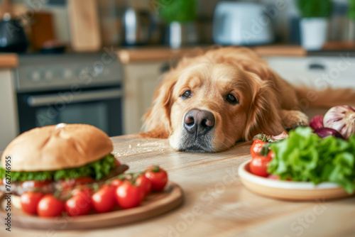 A golden retriever gazes longingly at a juicy burger on the kitchen counter, embodying the eternal struggle of temptation