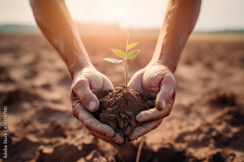 Hands tenderly holding a young plant with soil, with a dry cracked earth backdrop during sunset. Seedling Cradled in Hands Against Drought Background - obrazy, fototapety, plakaty 