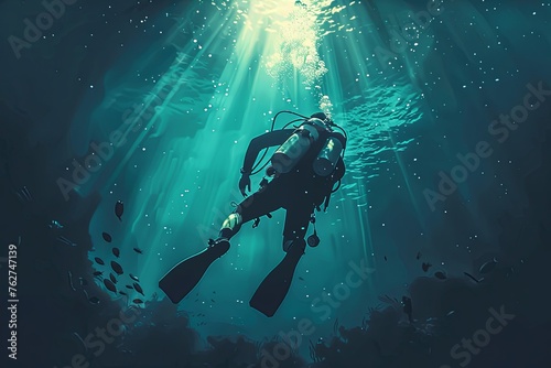 A man wearing a scuba suit is seen swimming underwater, exploring the depths of the ocean. Generative AI
