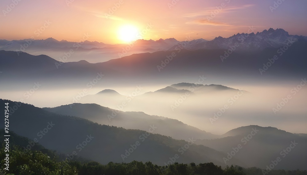 Invigorating Morning Sunrise Over A Misty Mountai Upscaled 3