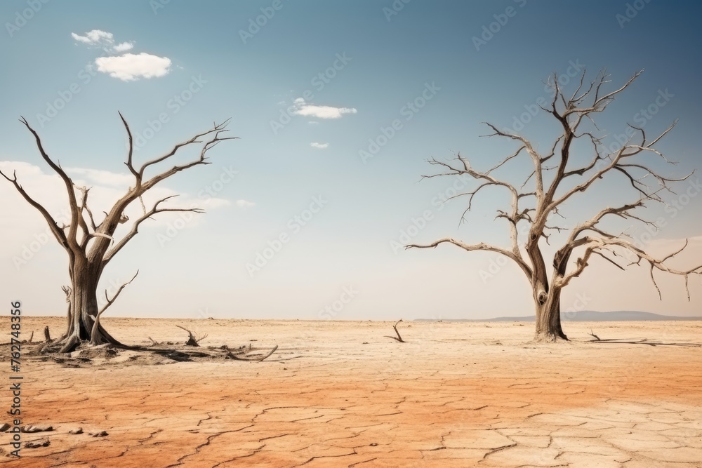 Stark dead trees rising from cracked earth in a desolate desert scene. Barren Trees in Arid Desert Landscape Stark dead trees rising from cracked earth in a desolate desert scene. Barren Trees in Arid Desert Landscape