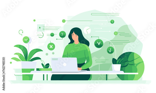 Woman freelancer sitting on a chair behind a desk and working on a laptop in the office, vector illustration in green colors on white background