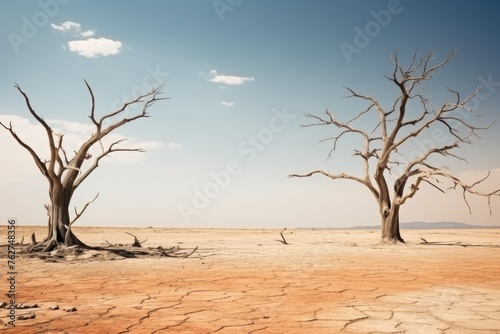 Stark dead trees rising from cracked earth in a desolate desert scene. Barren Trees in Arid Desert Landscape