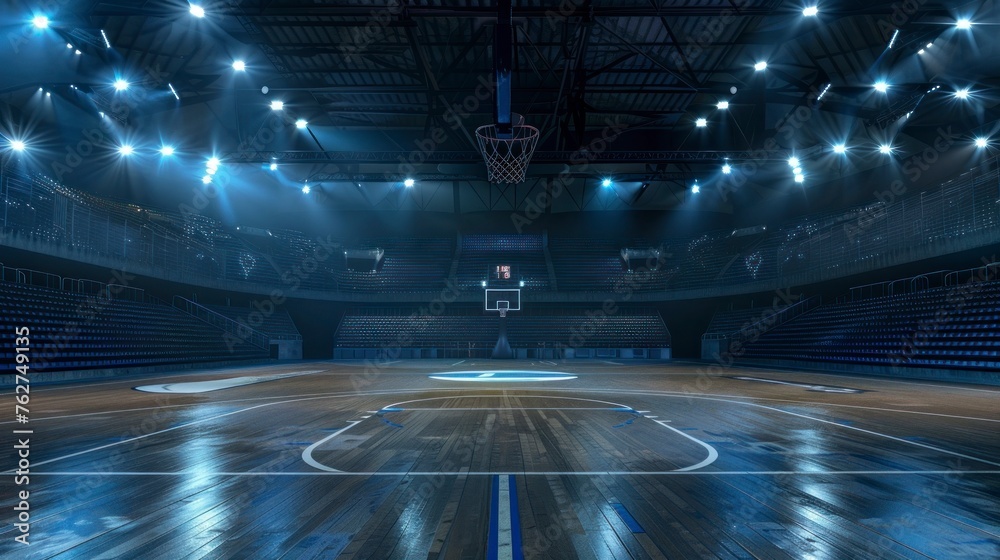 large basketball court with stands and lights on with a wooden floor in high resolution and high quality. concept sports,basketball,athletes - obrazy, fototapety, plakaty 