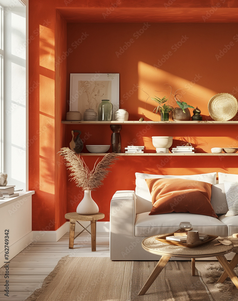 Photo of a modern living room interior with a orange wall, shelf and shelves decorated in the style of scandinavian style, cozy home decor