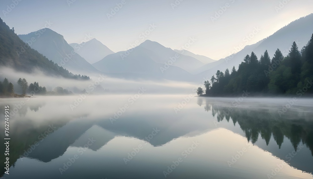 Serene Mist Covered Lake Surrounded By Mountains Upscaled