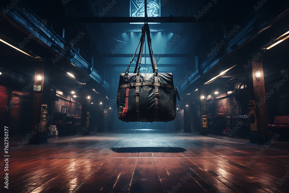 Punching bag hanging on a rope in a gym at night - obrazy, fototapety, plakaty 