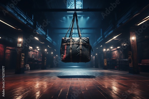Punching bag hanging on a rope in a gym at night photo