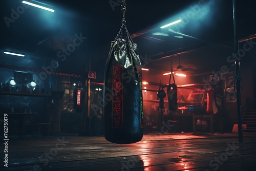 Punching bag hanging on a rope in a gym at night © Creative