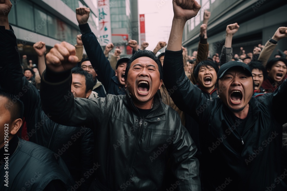 Crowd of people protesting on a street - obrazy, fototapety, plakaty 