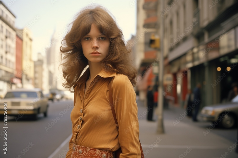 Obraz premium Young woman serious face on city street in 1970s