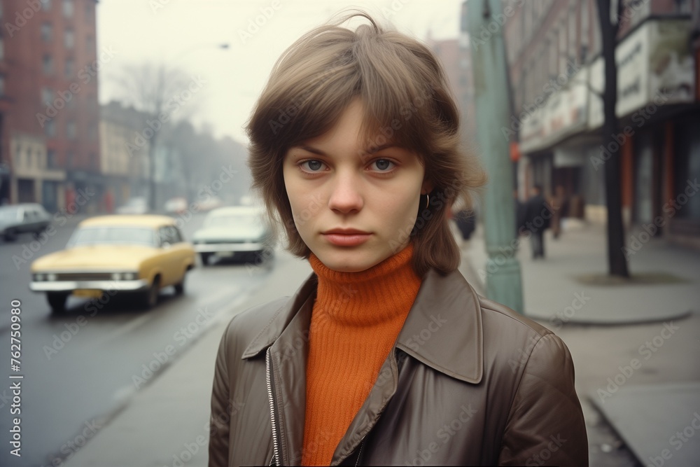Young woman serious face on city street in 1970s