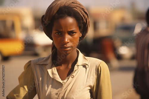 Young woman serious face on city street in 1970s photo
