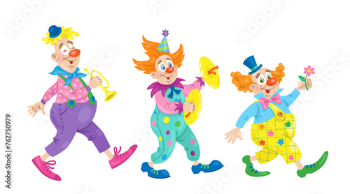 Three funny clowns follow each other and play musical instruments. Isolated on white background. Vector flat illustration.