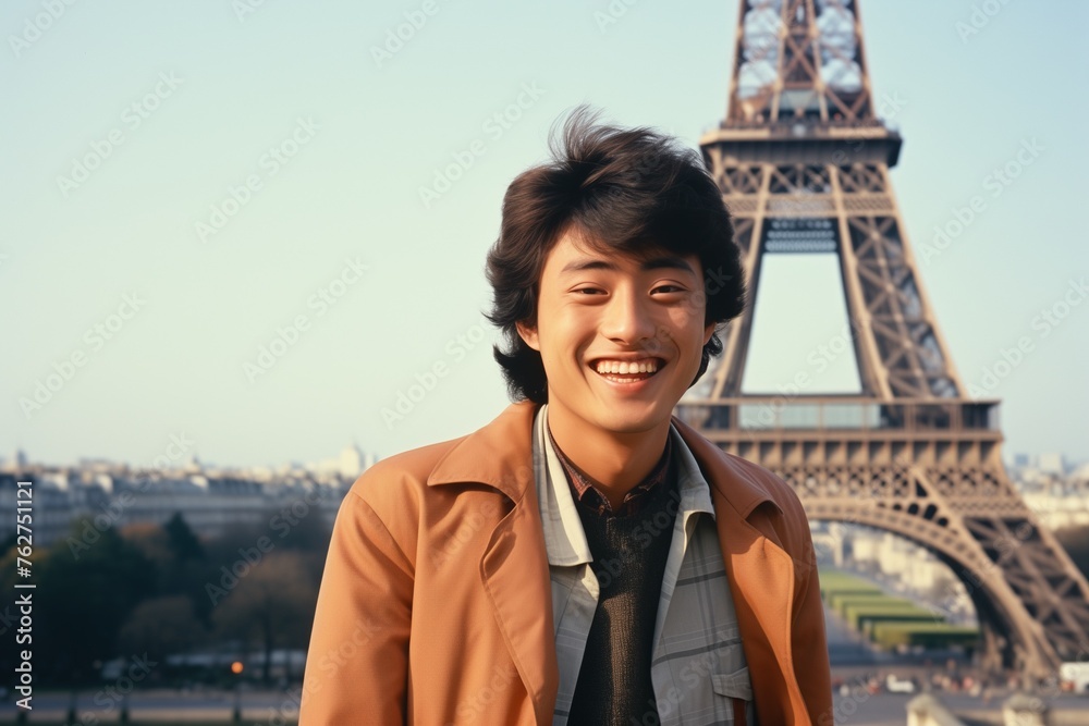 Obraz premium Asian man smiling at Eiffel Tower in Paris in 1970s