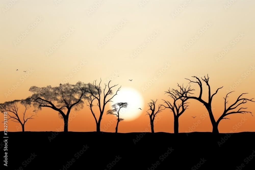 Fototapeta premium Tree silhouettes with a setting sun, evoking tranquility. Silhouetted Trees Against Sunset