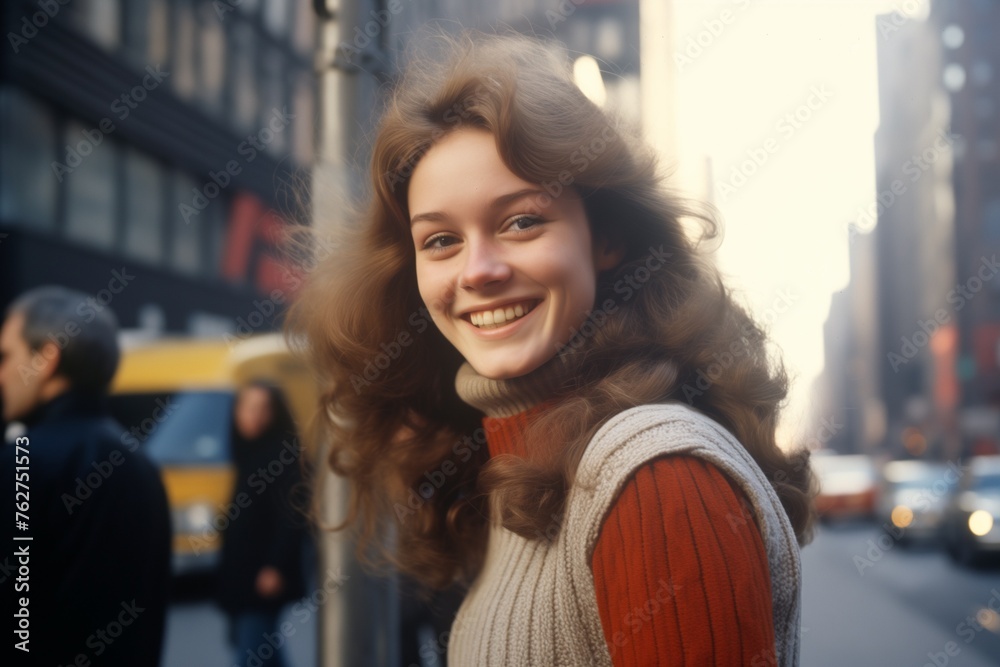 Young woman smiling on city street in 1970s Young woman smiling on city street in 1970s