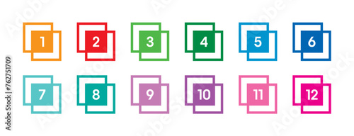 1-12 step numbers concept. 1-12 step numbers in colorful squares on white background. 1-12 step numbers for education, business, technology world