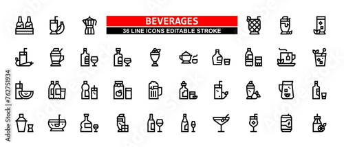 36 Beverage Line Icons Set Pack Editable Stroke Vector Illustration.	