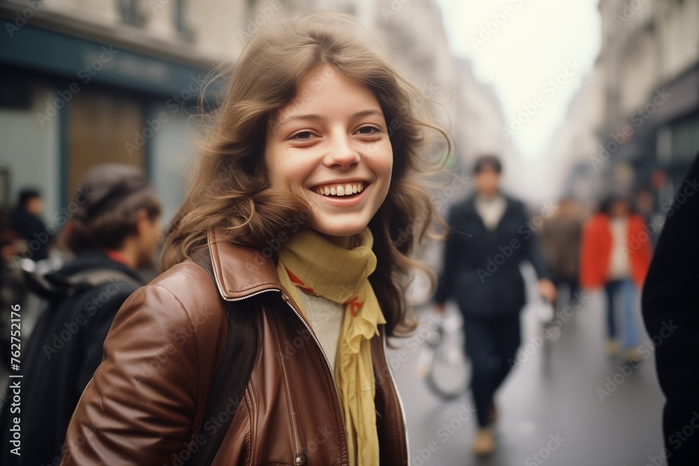 Young woman smiling on city street in 1970s