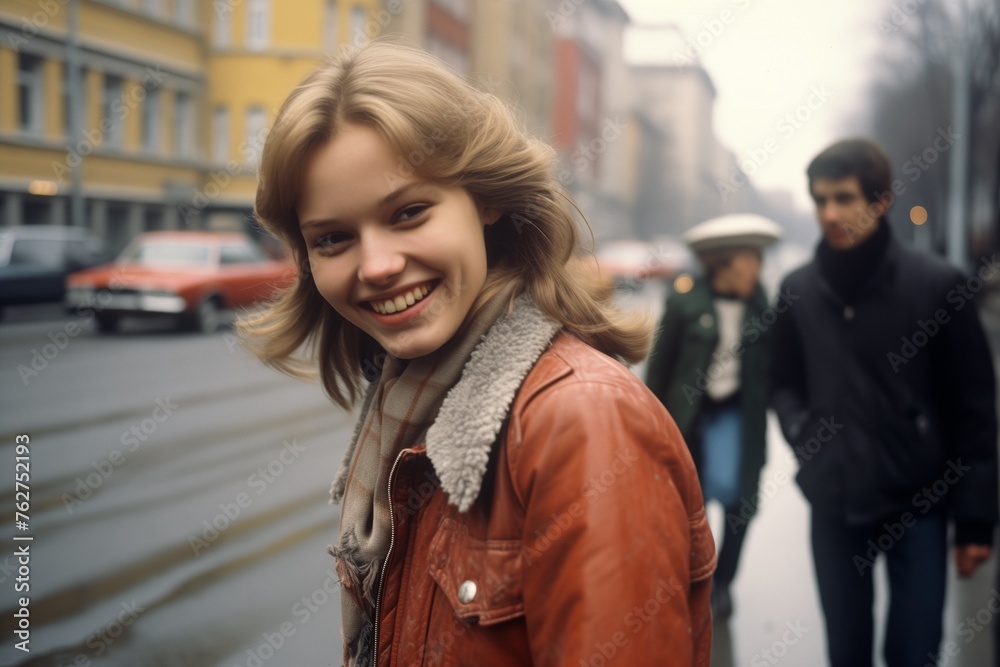 Young woman smiling on city street in 1970s