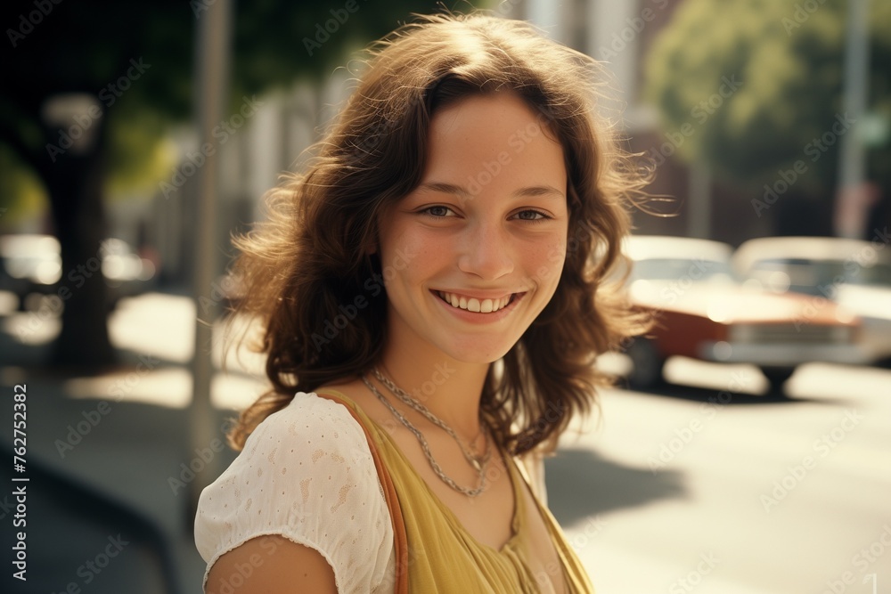 Young woman smiling on city street in 1970s Young woman smiling on city street in 1970s