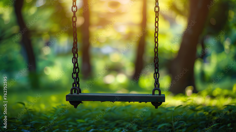 International Missing Children's Day, 25 may, an empty swing in a nature park  - obrazy, fototapety, plakaty 