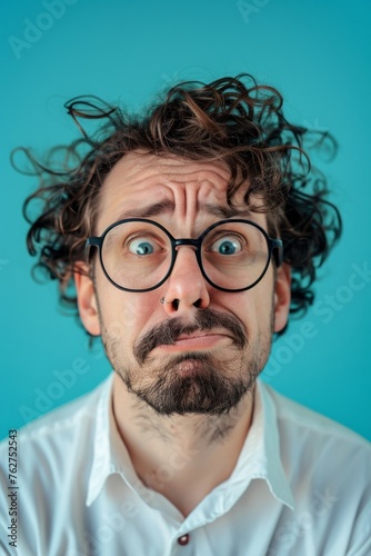 The man makes a funny face. Funny funny portrait of a man on a blue background
