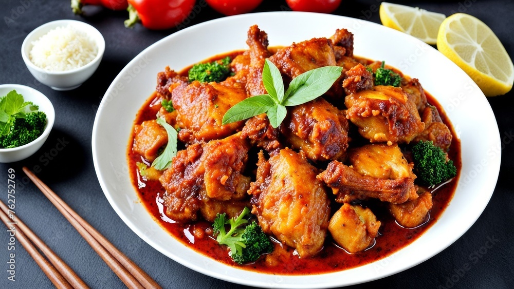 Traditional Malaysian dish ayam masak merah in the style of food photography Traditional Malaysian dish ayam masak merah in the style of food photography