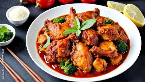 Traditional Malaysian dish ayam masak merah in the style of food photography